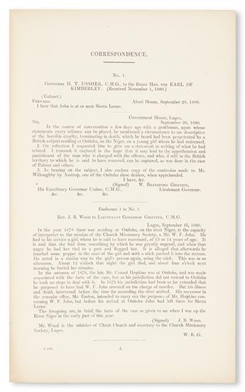 (SLAVERY AND ABOLITION.) OFFICIAL BRITISH PARLIAMENTARY PAPER. The Trial of Certain Persons at Sierra Leone, for the Murder of a Slave